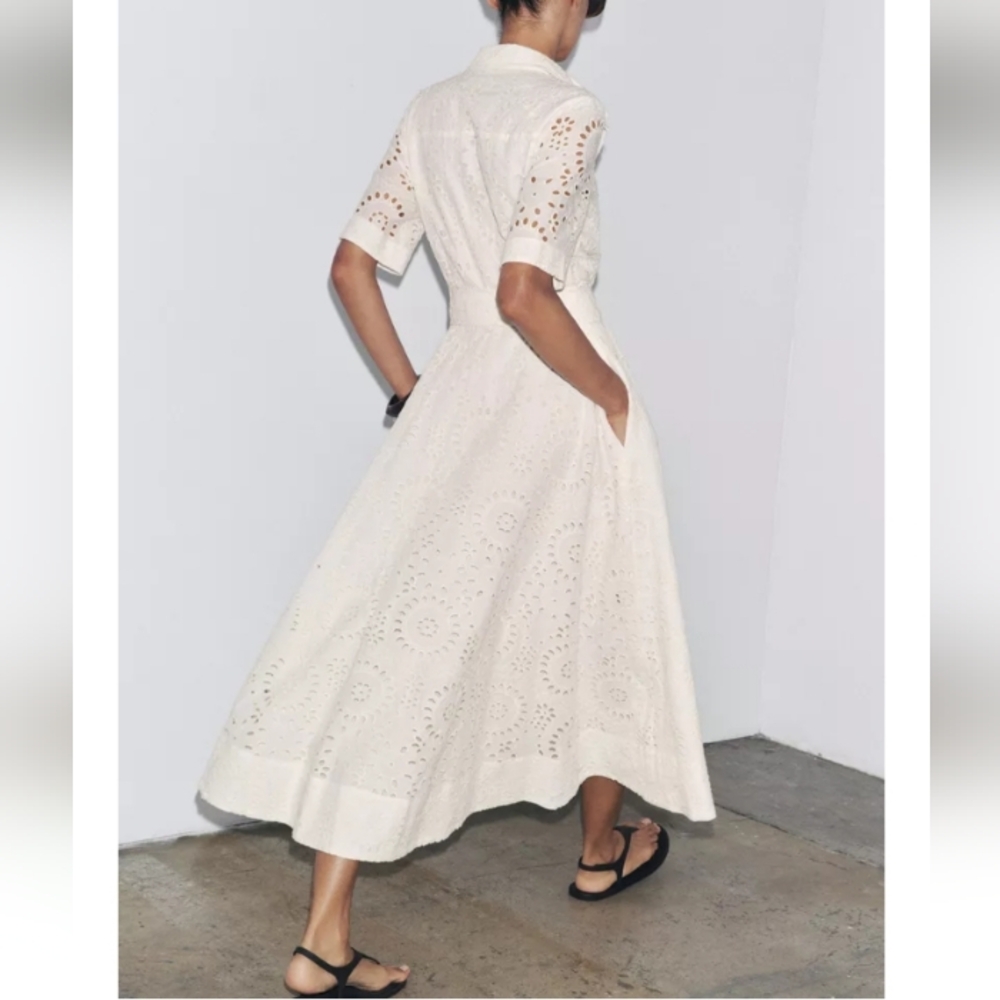 Zara Zw Collection Embroidered Cream Lace Midi Dress Sz-M - Picture 2 of 16